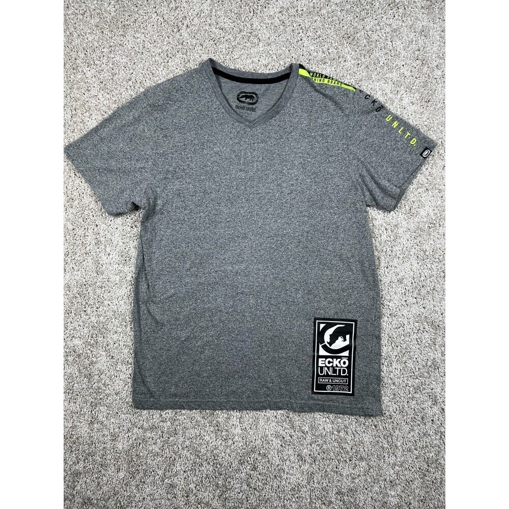 Ecko Unltd Men Gray Graphic Cotton Rhino V Neck Sz M Shirt